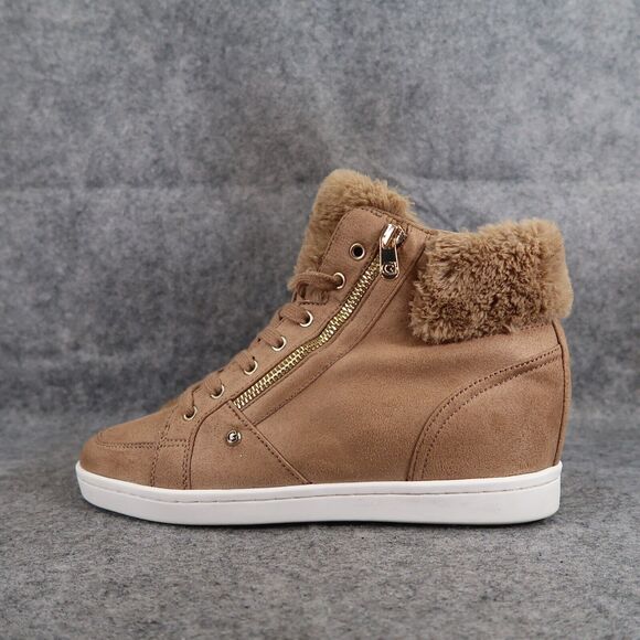 Guess Shoes Womens 9 Fashion Sneakers Hidden Wedge Lace Up Brown Faux Fur Casual - Picture 4 of 13